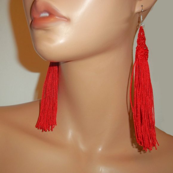 Red Lace Tassel Earrings, Red Earrings, Long Red Earrings, Sexy Red Earrings - Picture 5 of 5